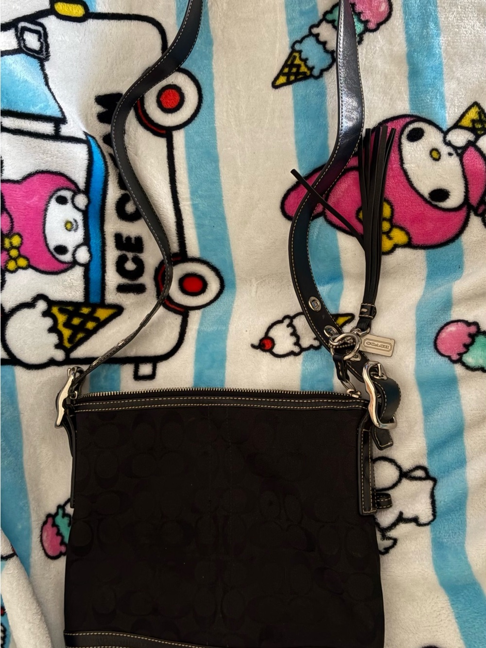 Coach Black Signature Jacquard Crossbody Bag with Leather Trim 9362